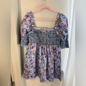 Hill House Lavender Floral Smocked Mini Dress with Orange & Yellow Blooms